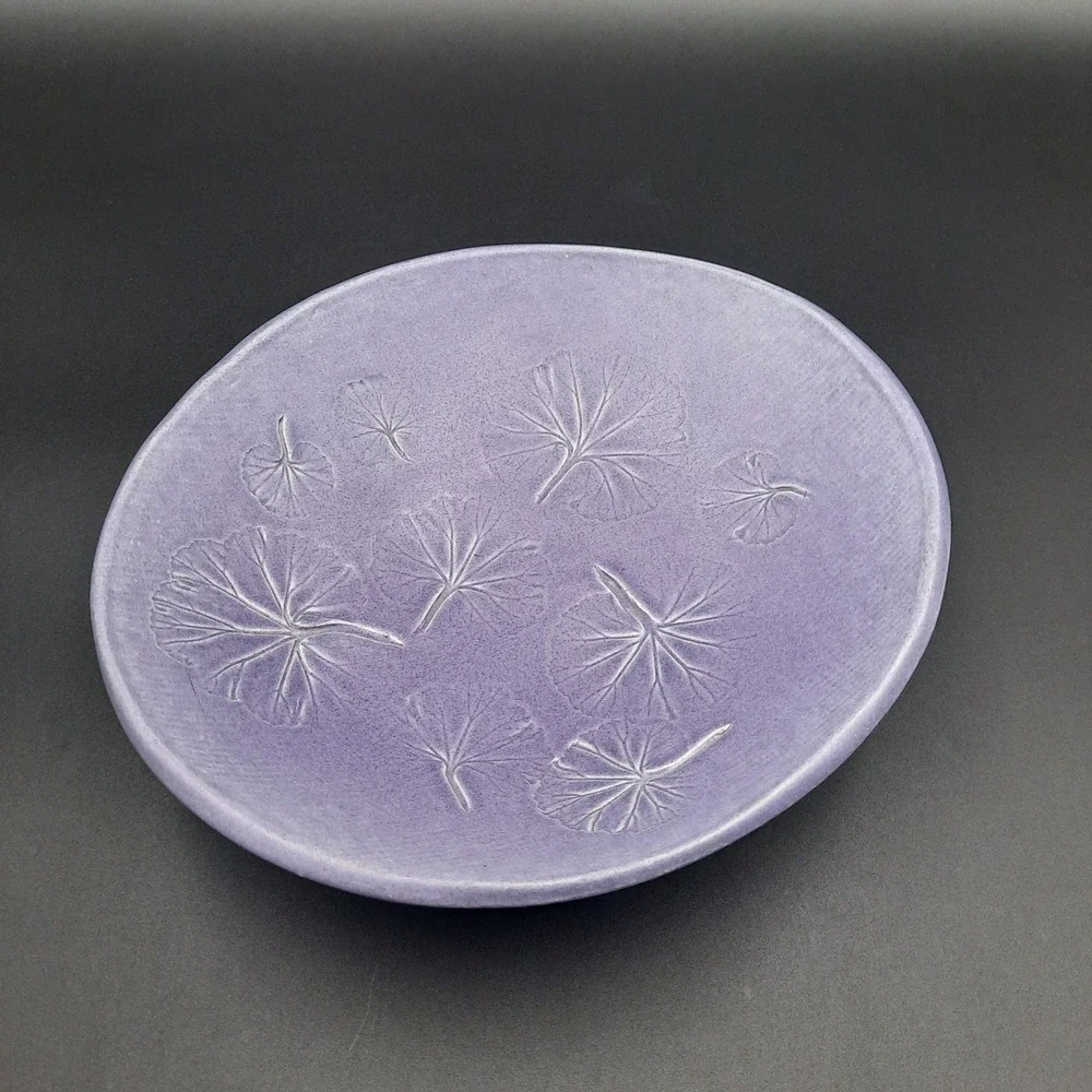 Purple Ceramic Studio Art Bowl with Impressed Leaf Design – Signed 1993